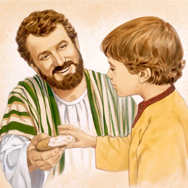 איש נותן לבנו חתיכת לחם