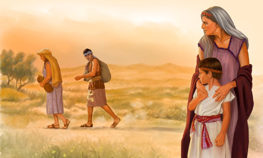 שרה מחזיקה את יצחק בזמן שהגר וישמעאל עוזבים
