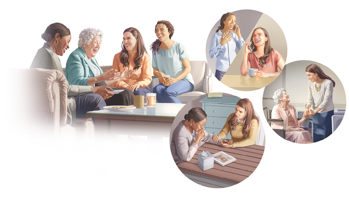 סדרת תמונות:‏ בחורה צעירה נמצאת עם שלוש מידידותיה הקרובות.‏ 1.‏ היא מדברת עם אחת מהן בטלפון.‏ 2.‏ היא מדברת עם האחות המבוגרת באולם המלכות.‏ 3.‏ היא מבקרת אחת מהן אחרי שאדם יקר לה נפטר.‏