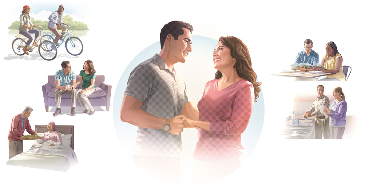 זוג נשוי מחזיקים ידיים ומביטים זה בעיני זה.‏ סדרת תמונות:‏ בני זוג מאושרים מחזקים את נישואיהם במספר דרכים.‏ התמונות חוזרות על עצמן לאורך השיעור.‏