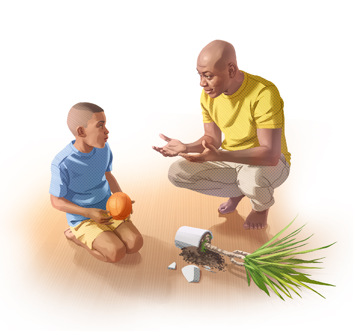 אבא מתכופף כדי לדבר עם בנו,‏ שמחזיק כדור.‏ על הרצפה יש עציץ שבור.‏