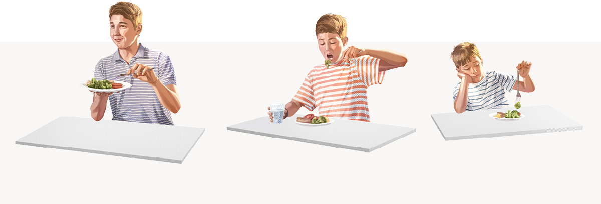 סדרת תמונות:‏ ילד לומד לאהוב במשך הזמן מאכל מסוים.‏ 1.‏ הילד משחק עם האוכל.‏ 2.‏ הילד גדול בכמה שנים,‏ וכבר אוכל את האוכל.‏ 3.‏ אחרי עוד מספר שנים,‏ הילד נהנה לאכול את האוכל.‏