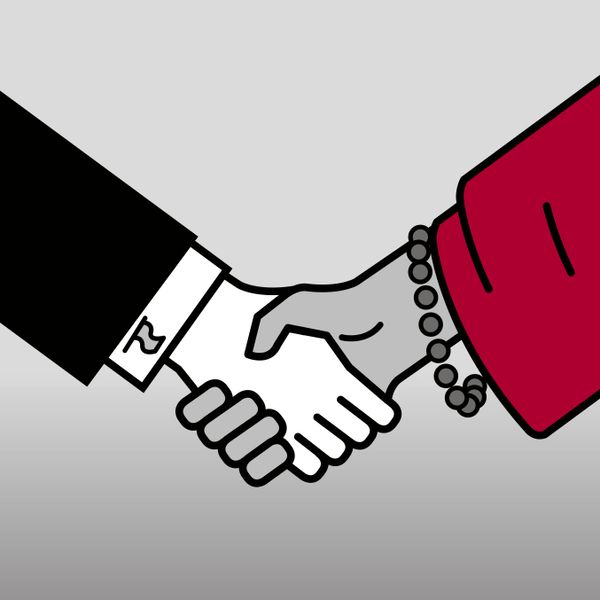 אייקון של לחיצת יד בין מנהיג פוליטי למנהיג דתי.‏