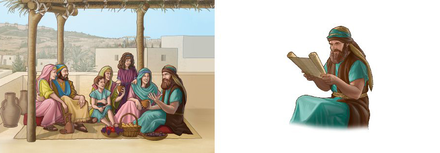 אדם מבני ישראל קורא בתורת אלוהים ונהנה משלום,‏ אושר ושגשוג עם משפחתו