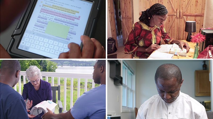 אחות עורכת שיעור אישי עמוק;‏ אח מסמן בצבע פסוקים במקרא שלו;‏ אחות מראה לשני גברים רשימות מתוך המקרא שלה;‏ אח מתפלל