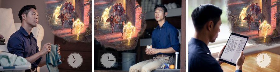 קולאז’‏:‏ אח מהרהר בפסוק היומי ובדברי ההסבר במהלך היום.‏ 1.‏ בזמן הקריאה,‏ הוא מדמיין את הסצנה בה המלאכים אחזו בידיהם של לוט ומשפחתו והוציאו אותם מסדום.‏ 2.‏ בזמן שהוא אוכל את ארוחת הצהריים במקום עבודתו,‏ הוא ממשיך לדמיין את מה שקרא בבוקר.‏ 3.‏ בשעות הערב,‏ הוא נמצא בביתו וממשיך להרהר על מה שקרא בבוקר בזמן שהוא מקפל כביסה.‏