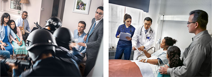 אחות מאושפזת בבית חולים משוחחת עם רופא על עמדתה בנושא הדם כשבעלה ובתה מסתכלים מהצד.‏