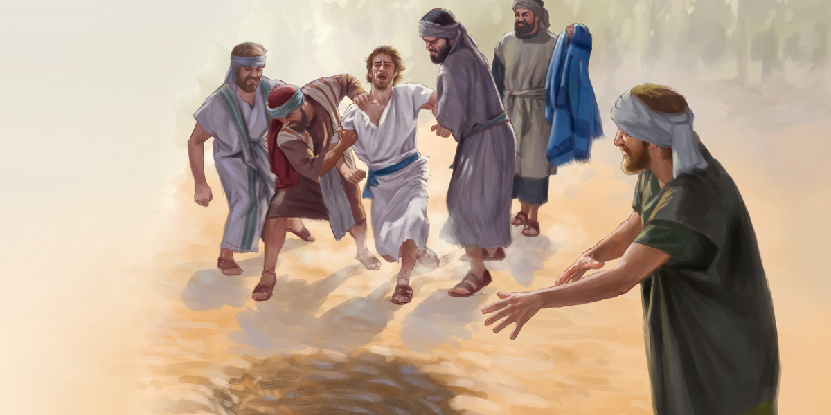 אחיו של יוסף גוררים אותו לבור מים יבש.‏ אחד מאחיו אוחז בכותונתו המיוחדת של יוסף.‏