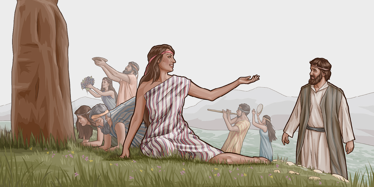 אישה כנענית מזמינה איש מעם ישראל להצטרף אליה ולהשתחוות לאליל.‏ אחרים מסביבם עובדים אלילים בכל מיני דרכים.‏