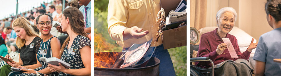 סדרת תמונות:‏ אנשים משמחים את יהוה באופן שבו הם עובדים אותו.‏ 1.‏ אחות מבוגרת מבשרת למטפלת.‏ 2.‏ איש שורף חפץ שקשור לספיריטיזם.‏ 3.‏ שלוש אחיות מגזעים שונים נוכחות בכינוס בינלאומי.‏