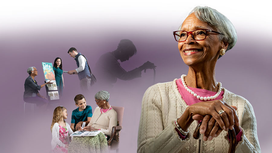 סדרת תמונות:‏ אחות נאמנה מתמודדת עם מגבלות הנלוות לגיל מתקדם.‏ 1.‏ היא נתמכת במקל הליכה בשעה שהיא יושבת ומתפללת.‏ 2.‏ היא משתתפת בפעילות בישור במקומות ציבוריים עם אחות צעירה.‏ 3.‏ היא מראה אלבום תמונות לילדים מקהילתה.‏ 4.‏ היא מחייכת בביטחון.‏