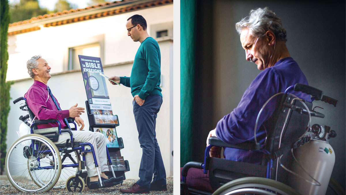 סדרת תמונות:‏ 1.‏ אח מיואש יושב בכיסא גלגלים ונושם בעזרת מיכל חמצן.‏ 2.‏ האח מדבר בשמחה עם אדם שניגש לעגלת הבישור.‏