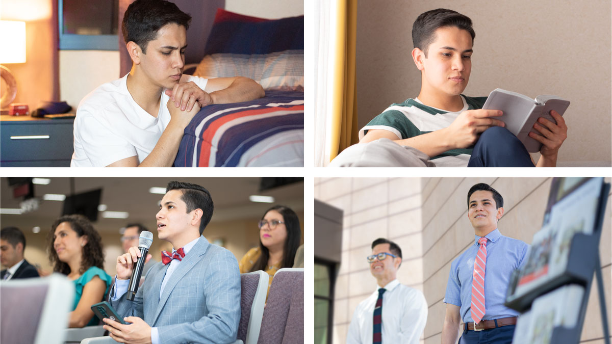 סדרת תמונות:‏ אח צעיר שומר על שגרה רוחנית בריאה.‏ 1.‏ הוא קורא את המקרא.‏ 2.‏ הוא מתפלל מעומק הלב.‏ 3.‏ הוא עונה באסיפה.‏ 4.‏ הוא מבשר עם עגלות ספרות.‏