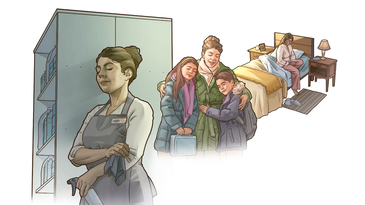 סדרת תמונות:‏ אחות מתפללת במהלך היום שלה.‏ 1.‏ בבוקר כשהיא קמה.‏ 2.‏ ביחד עם ילדיה לפני שהם הולכים לבית־הספר.‏ 3.‏ בעבודה.‏