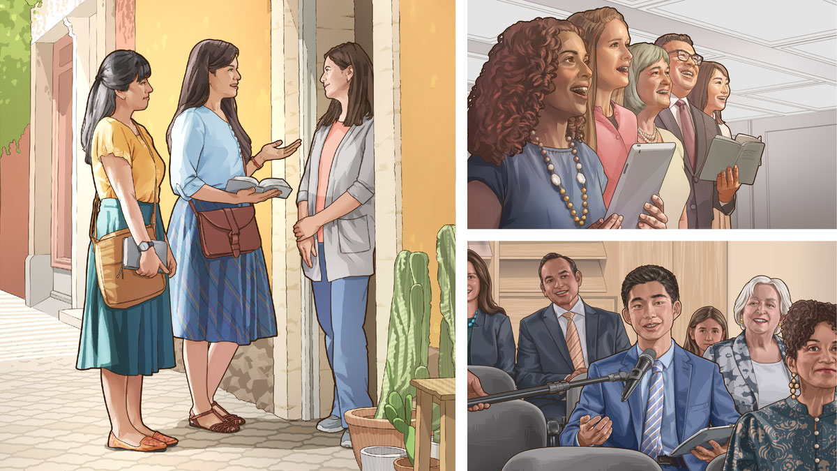 סדרת תמונות:‏ דרכים שבהן נוכל להלל את יהוה.‏ 1.‏ אחים ואחיות שרים באסיפה.‏ 2.‏ אח עונה באסיפה.‏ 3.‏ שתי אחיות משתתפות בשירות מבית לבית.‏