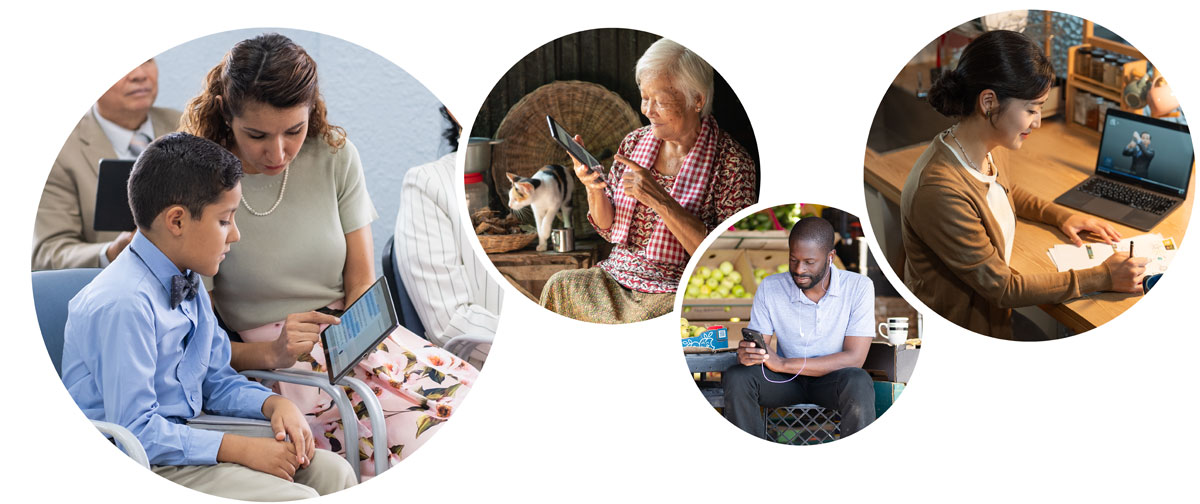 סדרת תמונות:‏ 1.‏ אחות לומדת בבית שלה.‏ ברקע רואים במחשב שלה סרטון בשפת סימנים מהאתר 2 . jw.org. אח לומד בעזרת הטלפון הנייד שלו ואוזניות בזמן שהוא בהפסקת קפה.‏ 3.‏ אחות מבוגרת משתמשת באפליקציית JW Library בטבאלט שלה.‏ 4.‏ אימא ובנה הקטן משתמשים באפליקציית JW Library בטאבלט במהלך האסיפה.‏