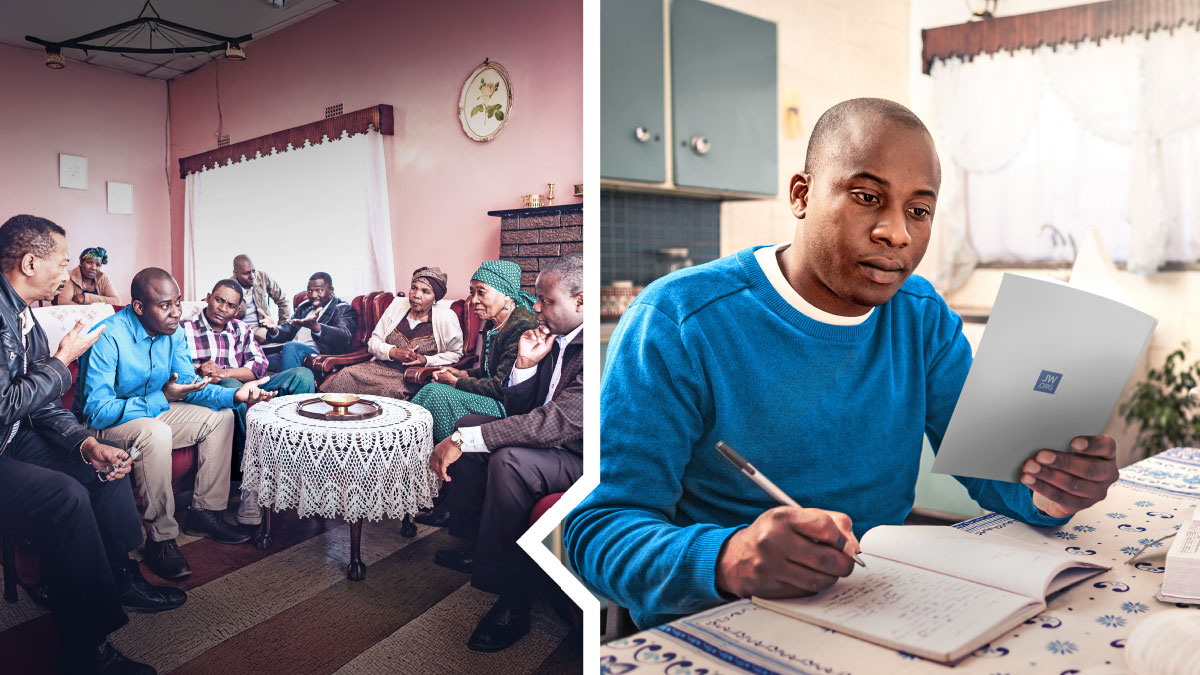 סדרת תמונות:‏ 1.‏ אח עושה מחקר בעזרת המקרא והספר ”‏מפתח פסוקים לכל תחומי החיים”‏ ורושם לעצמו נקודות.‏ 2.‏ אותו אח מסביר את אמונתו לקרובי משפחה שאינם עדי־יהוה.‏ חלק מקשיבים בתשומת לב ואחרים כועסים עליו.‏