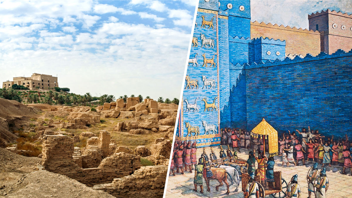 סדרת תמונות:‏ 1.‏ החומה והשער העצום של בבל הקדומה.‏ 2.‏ חורבות בבל כיום.‏