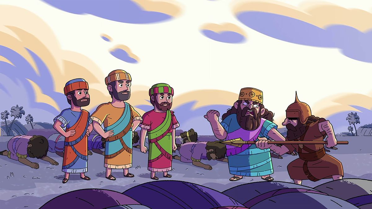 תמונה מהסרטון:‏ ”‏למד מידידיו של יהוה — חנניה,‏ מישאל ועזריה”‏.‏ חנניה,‏ מישאל ועזריה מסרבים להשתחוות לפסל של המלך נבוכדנאצר.‏ המלך מצווה בכעס על חייל לעצור אותם.‏