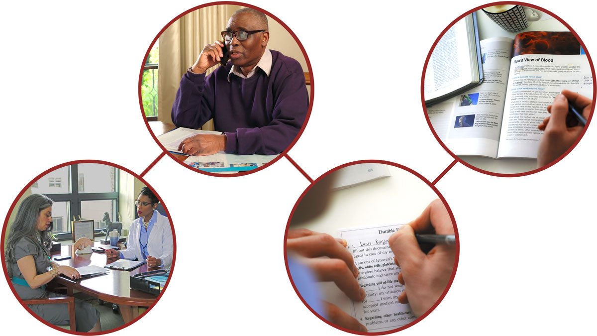 תמונות מהסרטון ”‏האם אתה ערוך למקרה חירום רפואי ?‏”‏ 1.‏ אח עורך מחקר בעזרת המקרא ושיעור 39 בספר ”‏תוכל להיות מאושר לעד !‏”‏ 2.‏ אח ממלא כרטיס ייפוי־כוח לטיפול רפואי.‏ 3.‏ אח מוועדת הקישור עם בתי חולים מתקשר לעודד מישהו.‏ 4.‏ אחות מגישה מסמכים לרופאה שלה.‏