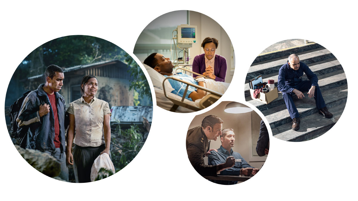 סדרת תמונות:‏ אחים ואחיות מתמודדים עם קשיים.‏ 1.‏ אח מדוכא יושב על המדרגות בחוץ לאחר שאיבד את עבודתו.‏ 2.‏ אח שנמצא בכלא נחקר על־ידי שוטר.‏ 3.‏ אחות נמצאת בבית חולים ומתפללת בלב ליד המיטה של בעלה החולה.‏ 4.‏ זוג במצוקה לאחר ששרדו אסון טבע.‏