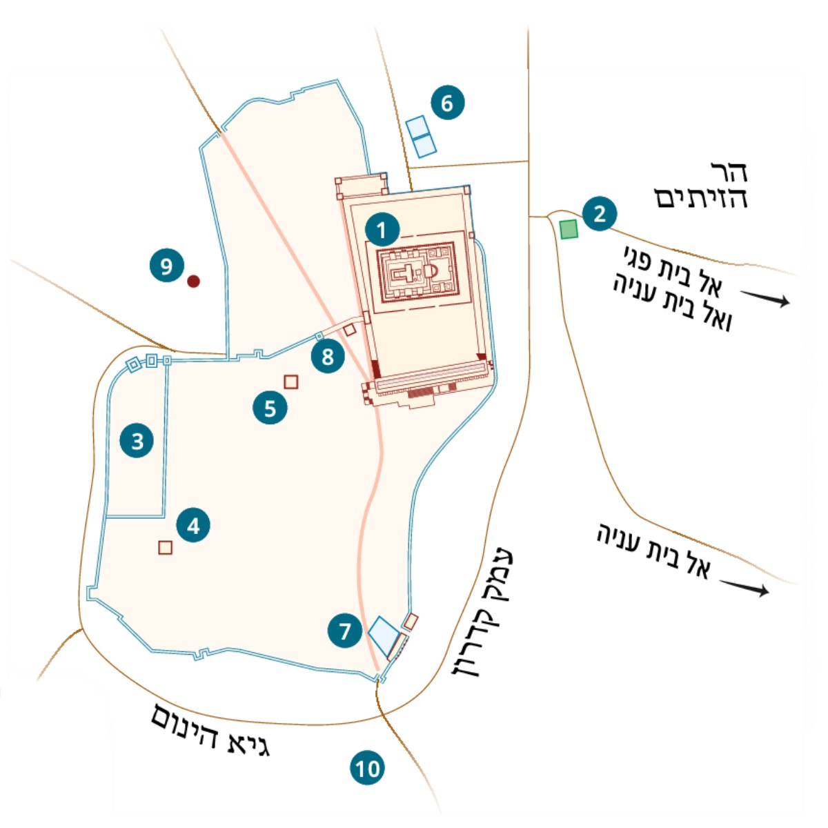 מפה של ירושלים וסביבותיה,‏ עם מקומות ידועים ואפשריים.‏ 1.‏ בית המקדש.‏ 2.‏ גן גת שמנים.‏ 3.‏ ארמון הנציב.‏ 4.‏ בית קַיָּפָא.‏ 5.‏ הארמון ששימש את הורדוס אנטיפס.‏ 6.‏ בריכת בית זיתא.‏ 7.‏ בריכת השילוח.‏ 8.‏ אולם הסנהדרין.‏ 9.‏ גולגותא.‏ 10.‏ חֲקַל דְּמָא.‏