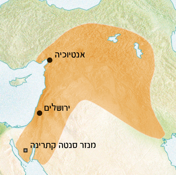 מפה של האזור סביב אנטיוכיה וירושלים,‏ היכן שהסורית הייתה שפה רווחת