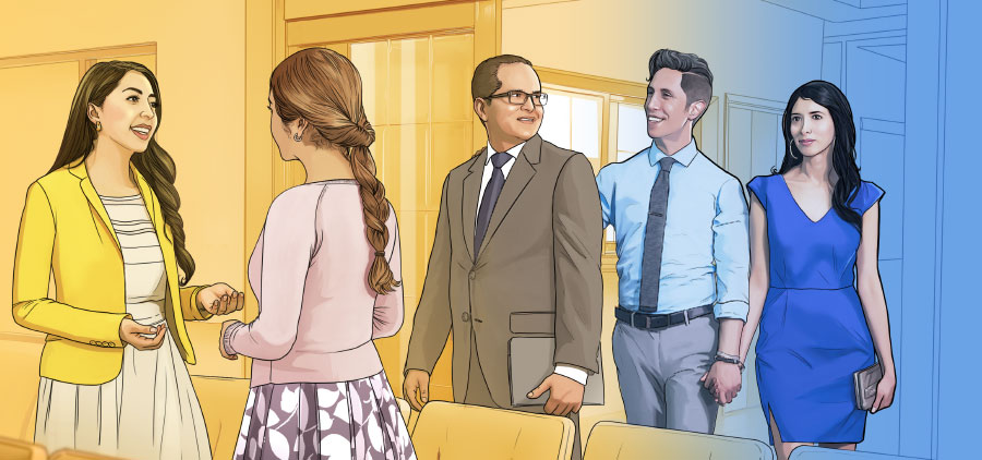 זוג נכנס לאולם מלכות בלבוש לא־צנוע