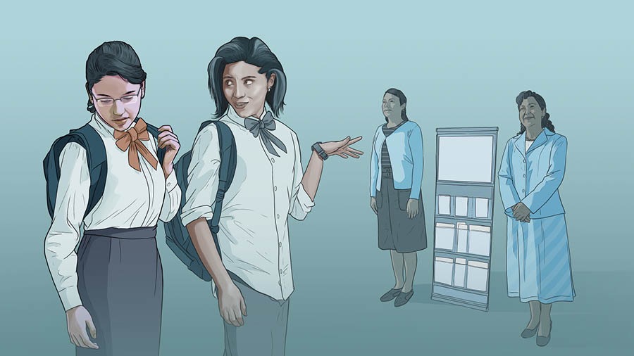 עדת־יהוה צעירה,‏ המלווה בחברה מהעולם,‏ חשה מבוכה כשהיא רואה אחיות לאמונה ליד עגלת בישור