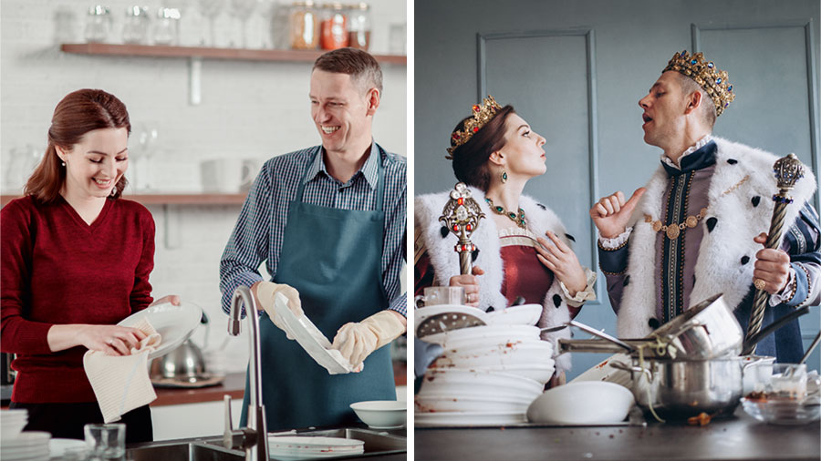 סדרת תמונות:‏ 1.‏ בני זוג בבגדי מלך ומלכה מתווכחים מי צריך לשטוף את ערימת הכלים המלוכלכים שלפניהם.‏ 2.‏ אותם בני זוג לובשים בגדים רגילים ומחייכים בשעה שהם שוטפים יחד את הכלים.‏