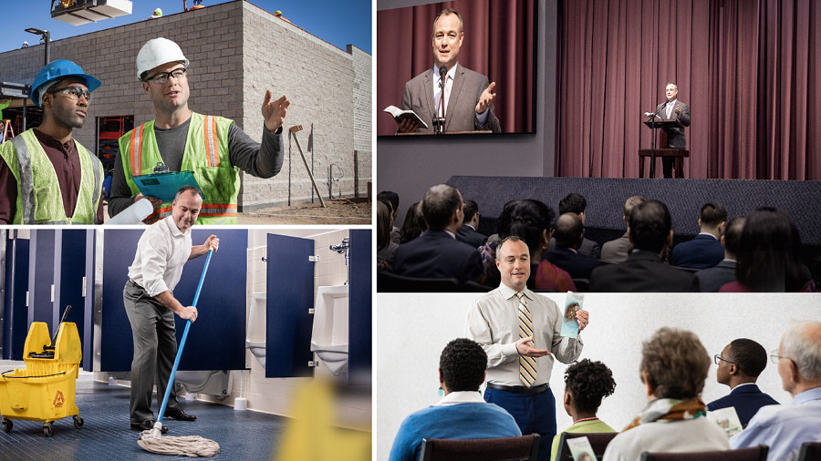 סדרת תמונות:‏ זקן־קהילה נוטל חלק בפעילויות שונות.‏ 1.‏ הוא מגיש נאום בכינוס אזורי.‏ 2.‏ הוא עובד בפרויקט בנייה של אולם מלכות ונותן הנחיות לאחד האחים.‏ 3.‏ הוא מדריך מפגש לשירות השדה.‏ 4.‏ הוא שוטף את הרצפה בשירותים של אולם המלכות.‏