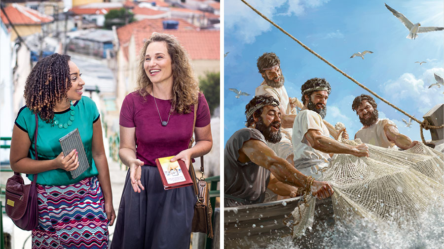 סדרת תמונות:‏ 1.‏ פטרוס ושלושה תלמידים נוספים מתאמצים למשוך אל תוך הסירה רשת מלאה בדגים.‏ 2.‏ שתי אחיות משוחחות בשמחה זו עם זו בשעה שהן משתתפות בשירות השדה.‏