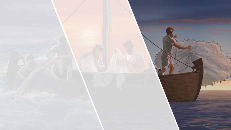 דייג משליך רשת למים בשעת הזריחה.‏