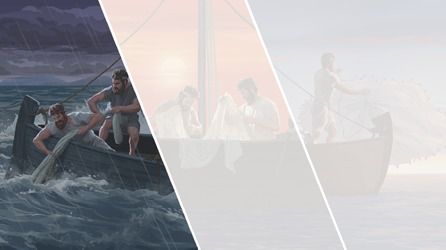 שני הדייגים מושכים את רשתם במהלך סופה בשעת לילה.‏