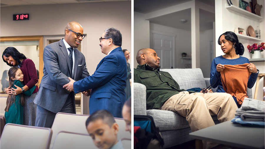 סדרת תמונות:‏ 1.‏ בני זוג עייפים יושבים על ספה בסלון.‏ הבעל לבוש בבגדי עבודה ואשתו מקפלת כביסה.‏ 2.‏ מאוחר יותר בערב אותו זוג מחייך בעודו משוחח עם אחים ואחיות אחרי האסיפה.‏