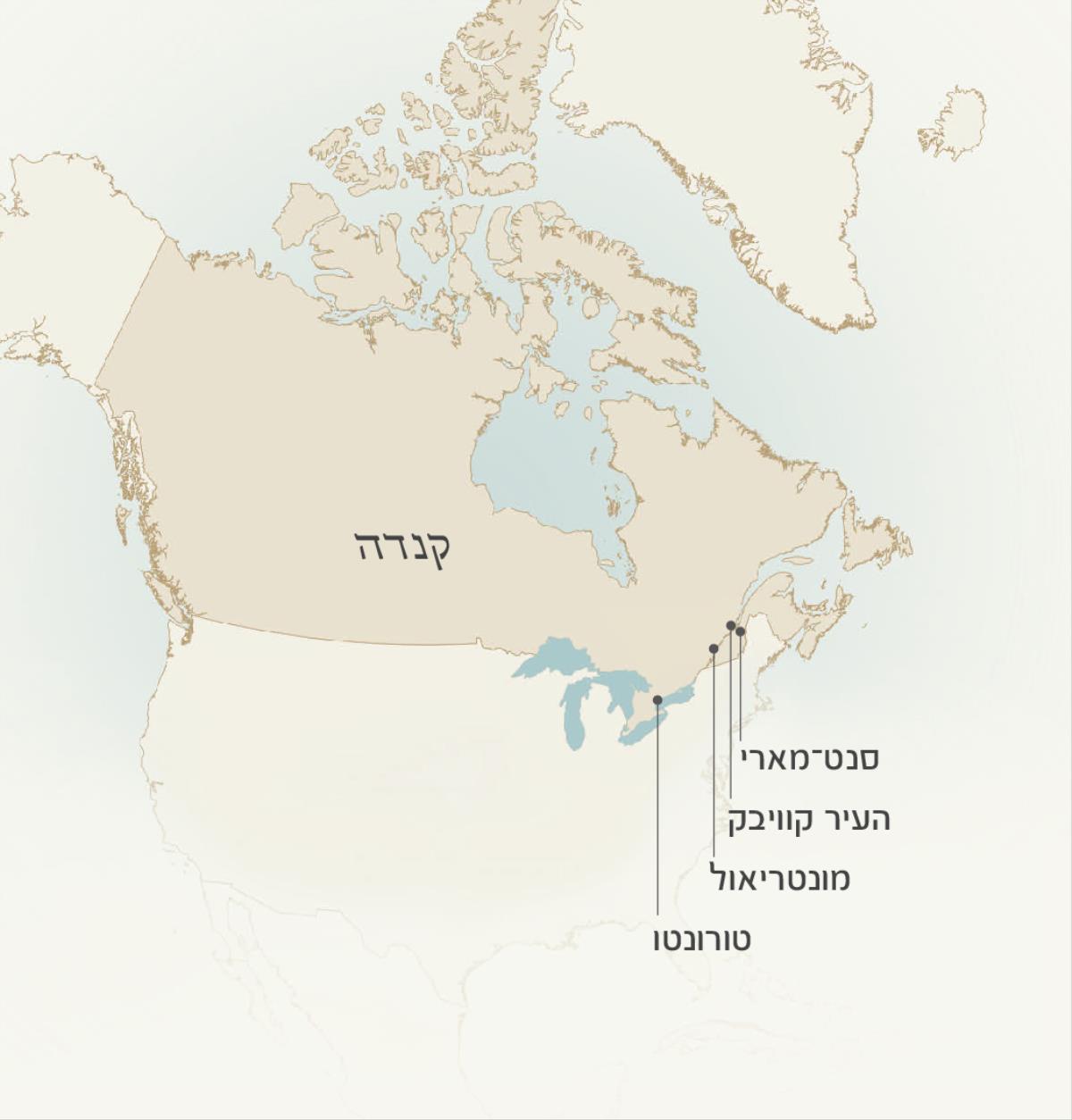 מפה המציגה ערים בקנדה שבהן שירת לאונס קרפו:‏ סנט־מארי,‏ העיר קוויבק,‏ מונטריאול וטורונטו.‏
