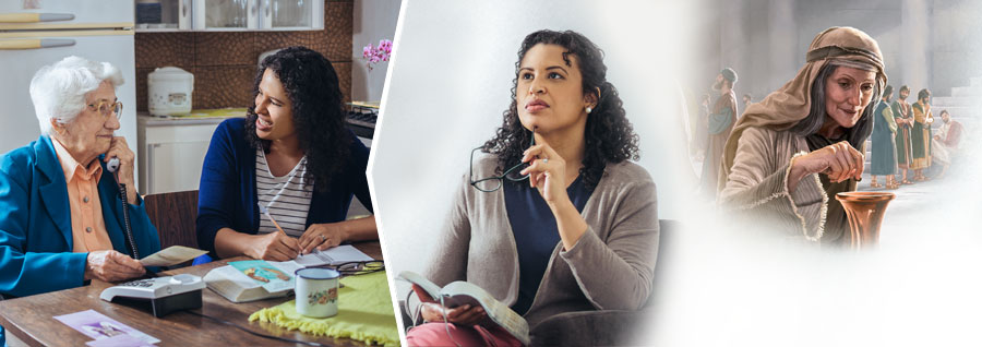 סדרת תמונות:‏ 1.‏ אחות מדמיינת את הקטע שקראה במקרא על האלמנה הענייה ששמה שני מטבעות קטנים בתיבת האוצר.‏ 2.‏ אותה אחות מבשרת בטלפון יחד עם אחות מבוגרת.‏ היא אומרת דברים מעודדים לאחות המבוגרת.‏
