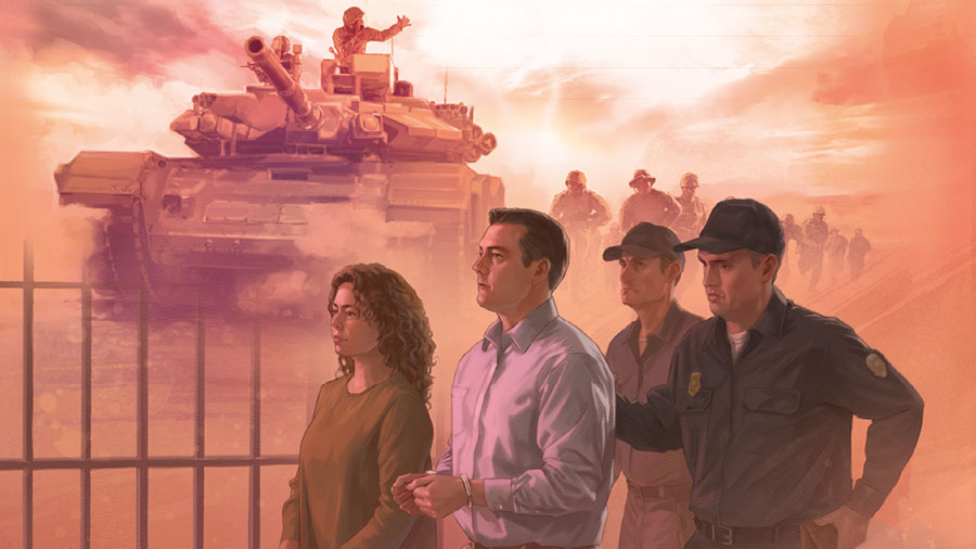 סדרת תמונות:‏ דוגמאות למצוקה.‏ 1.‏ חייל נוסע על טנק צבאי בזמן שחיילים אחרים הולכים אחריו ברגל.‏ 2.‏ שוטרים מלווים זוג עדי־יהוה הכבולים באזיקים.‏