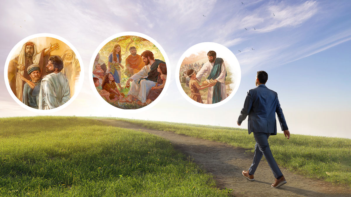 תלמיד המקרא מהמאמר הקודם טבול כעת,‏ והוא לבוש בבגדים חדשים וצועד בשביל.‏ סדרת תמונות:‏ דוגמאות שממחישות איך ישוע מגלה את פרי הרוח.‏ 1.‏ כדי להאכיל קהל של אנשים ישוע לוקח מספר כיכרות לחם ודגים קטנים שמגיש לו ילד קטן.‏ 2.‏ ישוע יושב ומשוחח עם ילדים.‏ 3.‏ ישוע שומר על קור רוח במשפט הלא־חוקי שמתנהל נגדו,‏ אשר במהלכו סוטרים לו על הפנים.‏