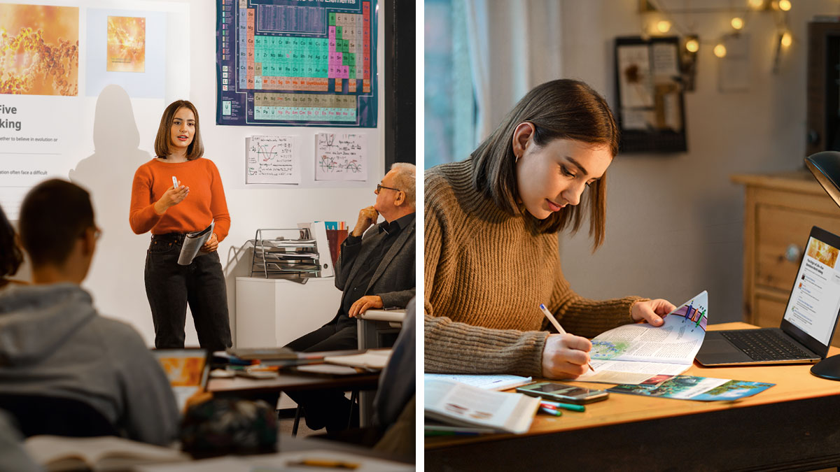 סדרת תמונות:‏ 1.‏ אחות צעירה עורכת מחקר בעזרת החוברות ”‏האם החיים נוצרו בידי בורא?‏”‏ ו”‏מוצא החיים — חמש שאלות שראוי לשאול”‏.‏ 2.‏ האחות מציגה מצגת בבית־הספר בפני המורה שלה והתלמידים האחרים.‏