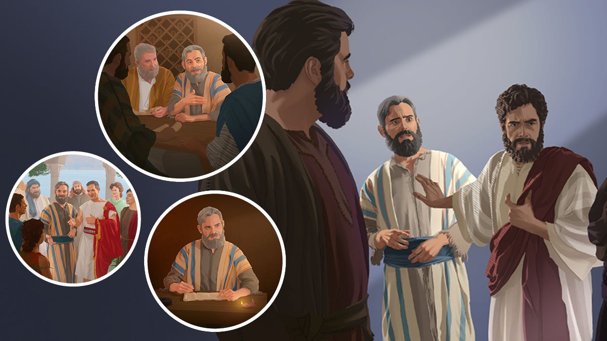 ישוע גוער בפטרוס בנוכחות שליחים אחרים.‏ סדרת תמונות:‏ התפקידים שהיו לפטרוס בהמשך.‏ 1.‏ פטרוס נפגש עם השליחים והזקנים בירושלים.‏ 2.‏ הוא מבקר את קורנליוס ובני ביתו.‏ 3.‏ הוא כותב מגילה.‏