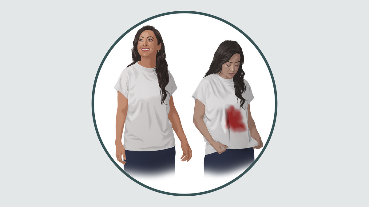 אחות בחולצה לבנה ועליה כתם אדום גדול.‏ אחרי כן האחות לובשת את אותה החולצה,‏ אך אין כל זכר לכתם.‏