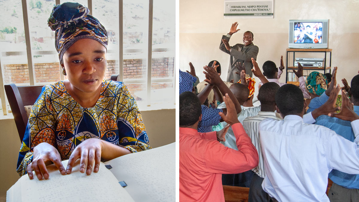 סדרת תמונות:‏ 1.‏ אחים ואחיות מסמנים שיר מלכות באסיפה המתנהלת בשפת הסימנים.‏ 2.‏ אחות עיוורת קוראת את המקרא בברייל.‏