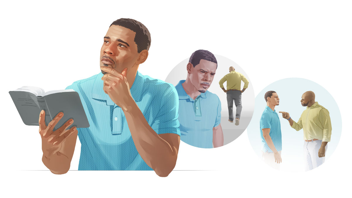 סדרת תמונות:‏ אח בוחר להבליג על פגיעה.‏ 1.‏ אח אחר צועק עליו.‏ 2.‏ הוא חושב על מה שהאח עשה.‏ 3.‏ הוא קורא במקרא ומהרהר.‏