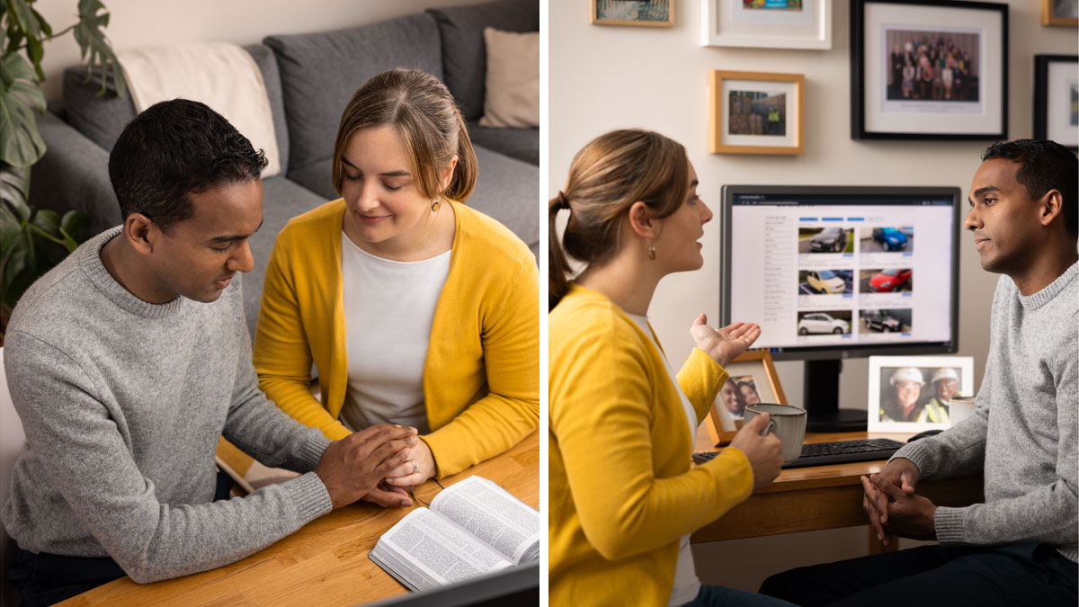 סדרת תמונות:‏ זוג צעיר מתלבט אם לקנות רכב.‏ 1.‏ הם מסתכלים על רכבים במחשב שלהם ודנים באפשרויות.‏ 2.‏ בהמשך הם מתפללים יחד.‏ ספר מקרא פתוח מולם על השולחן.‏