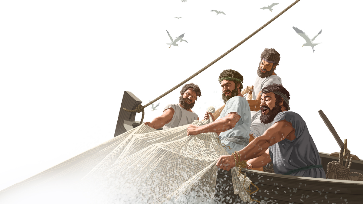 ארבעה דייגים מהמאה הראשונה מושכים לסירה רשת מלאה בדגים.‏