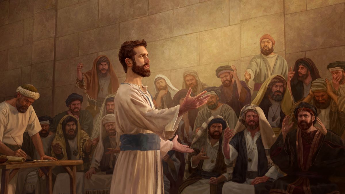 סטפנוס מדבר בביטחון וברוגע בפני הסנהדרין.‏ המנהיגים הדתיים צועקים,‏ מכסים את אוזניהם וחורקים את שיניהם בזמן שהוא מדבר.‏