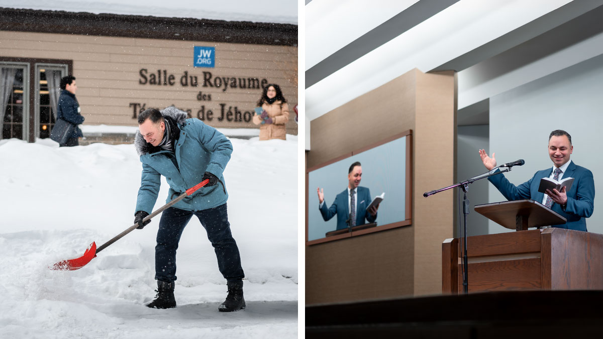 סדרת תמונות:‏ 1.‏ זקן קהילה מגיש נאום בכינוס נפתי.‏ 2.‏ הוא גורף שלג במגרש חנייה של אולם מלכות.‏