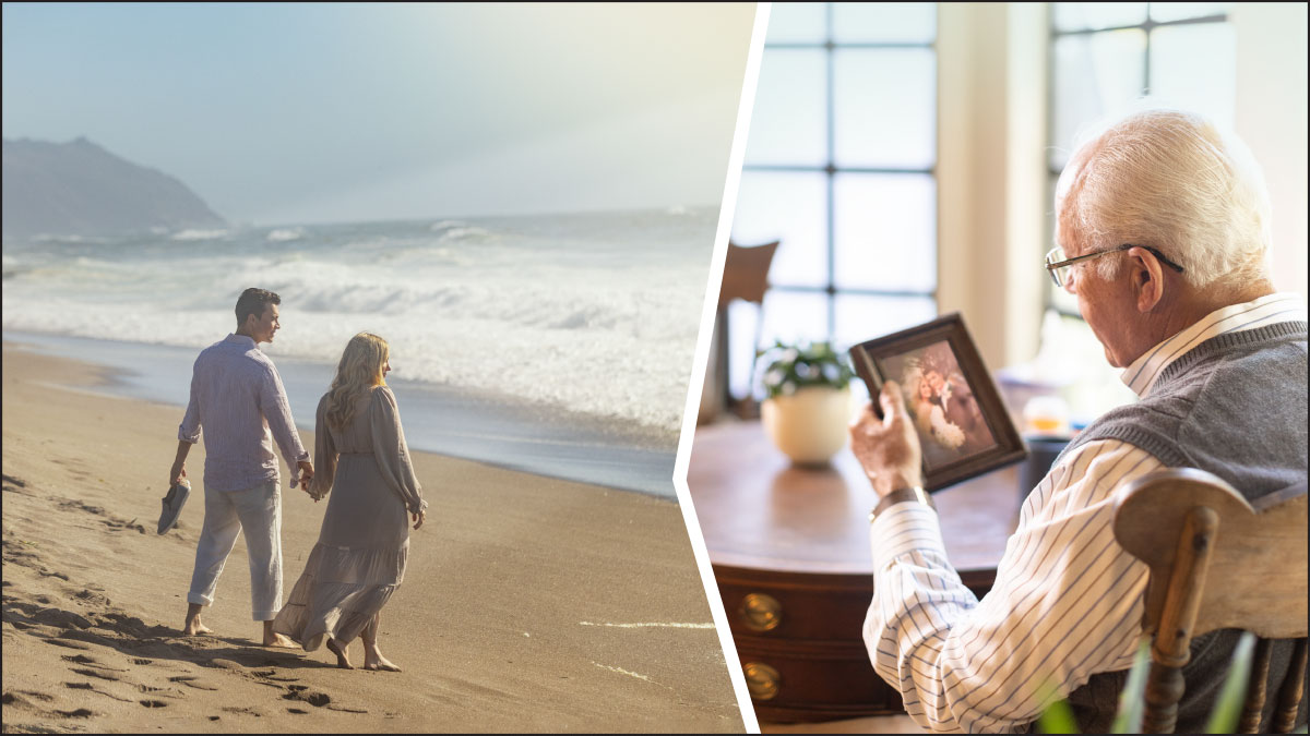 סדרת תמונות:‏ 1.‏ אלמן מתבונן באהבה בתמונה שלו ושל אשתו מיום חתונתם.‏ 2.‏ הוא מדמיין אותם בגן עדן,‏ הולכים יד ביד לאורך החוף.‏