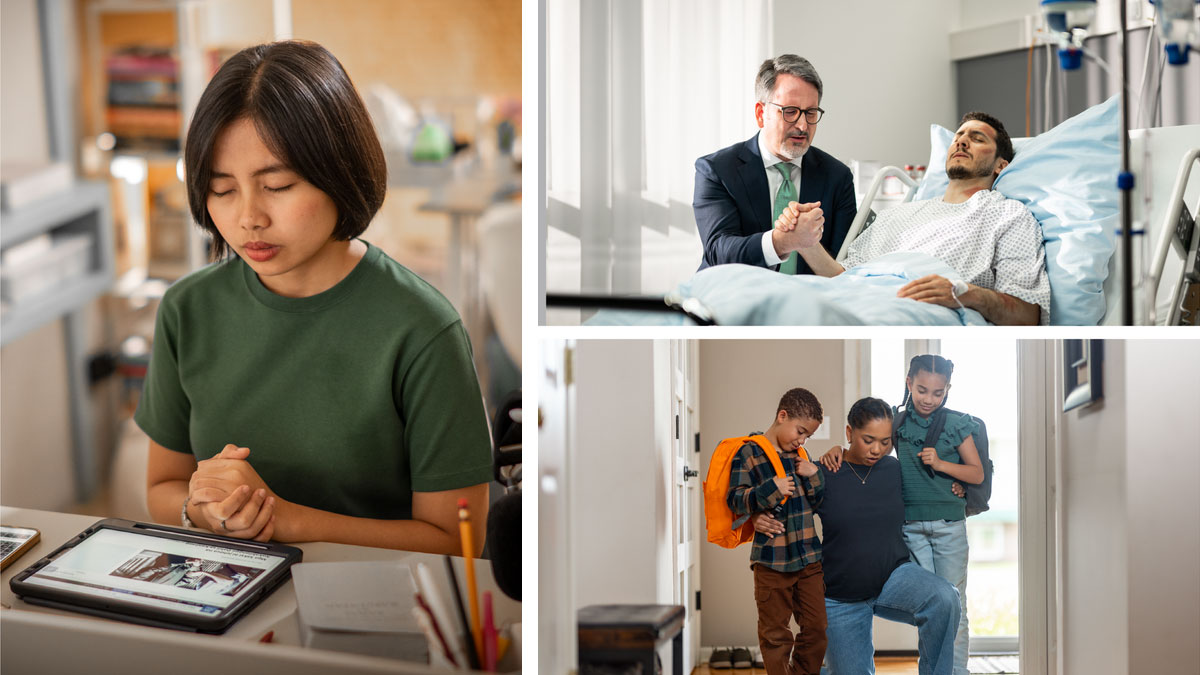 סדרת תמונות:‏ אח ושתי אחיות מתפללים עבור אחרים.‏ התמונות האלה חוזרות על עצמן בהמשך הפרק.‏